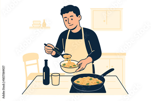 A cooking set featuring three kitchen scenes, including a woman making a salad, a girl preparing home canning, and a man cooking pasta, representing a food blogging concept in a flat vector
