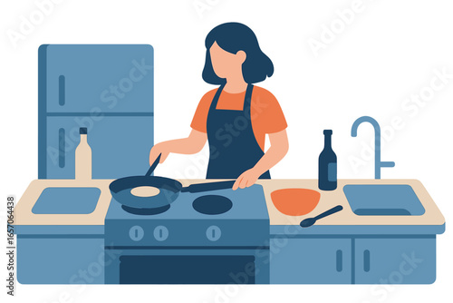 A man prepares his meal in the kitchen of his residence, depicted as a flat vector illustration in isolation