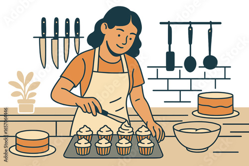 A happy woman is decorating cupcakes and taking pleasure in culinary arts and baking in the comfort of her own home