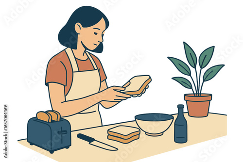 Minimalist illustration of a woman preparing breakfast at her home