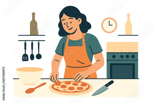 A happy woman is baking delicious cookies in her own home within a kitchen that has a minimalist design