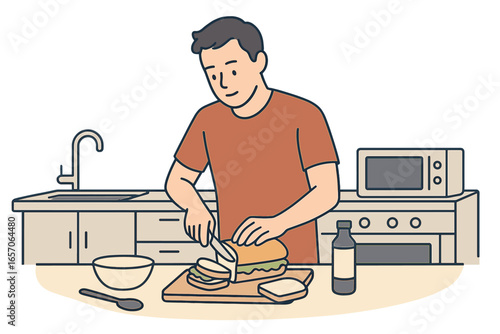 A man prepares fresh delicious sandwiches at home for a healthy lunch routine