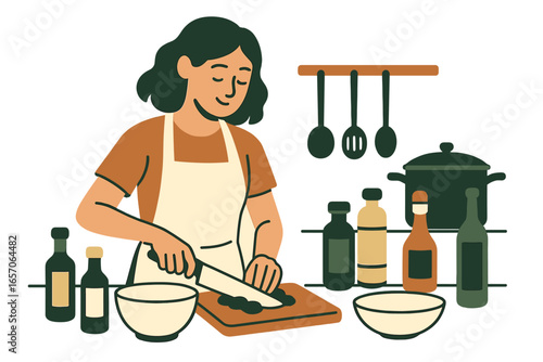 A woman is cooking and stirring food in a pot while preparing a meal in her home kitchen