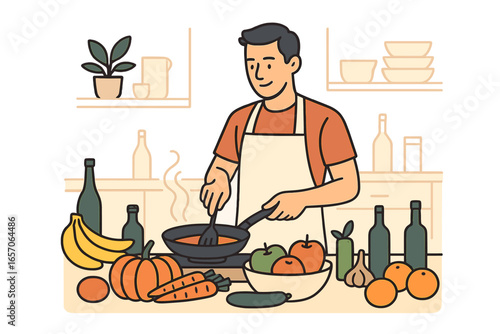 A man is at home cooking various dishes as a hobby, utilizing food and ingredients such as water, watermelon juice, meal parsley, paprika, vegetables, and fruits to prepare dinner with the help of a