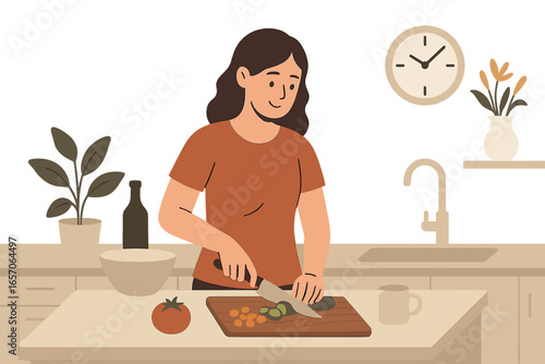 A cartoon vector illustration depicting a mother and young girl preparing nutritious meals together at home during the Covid-19 quarantine, promoting a positive outlook amidst the coronavirus crisis
