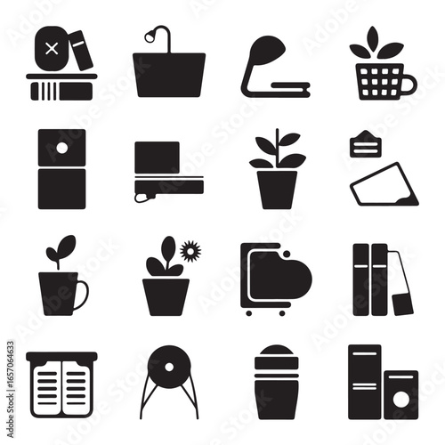 Office workspace Web Icons Set, solid black silhouette computer desk, swivel chair, file cabinet, stationery, modern office furniture vector