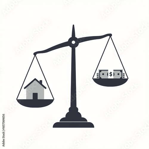 Balancing Act: House vs. Money on Scales, Real Estate Investment Concept in Minimalist Style, Gray Tones, Isolated on White Bac...