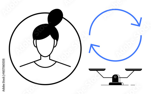 Female avatar with hair bun inside circle, circular arrows for repetition or cycles, and a scale for balance or justice. Ideal for self-care, fairness, equality, repetition, justice, workflow
