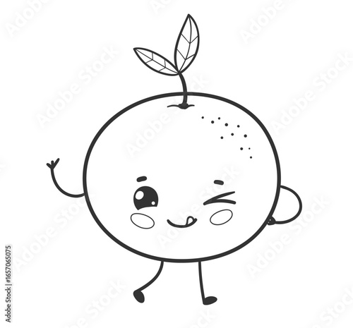 Vector illustration of a cute orange fruit character in black and white line art with leaf and winking face.