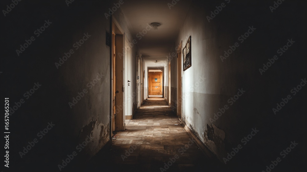Fototapeta premium Dark Narrow Hallway with Wooden Doors and Dim Lighting in Old Building
