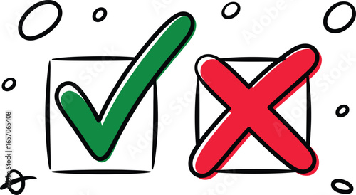 Hand drawn green check mark and red cross symbols inside square boxes indicating correct and incorrect choices on a white background