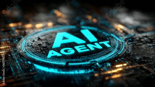  Futuristic AI Agent emblem glowing above a circuit board surface, conveying autonomous decision systems, workflow orchestration