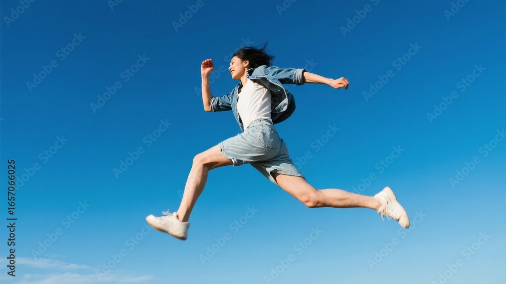 Feel the freedom with this vibrant shot of a young woman joyfully leaping against a clear blue sky Feel the freedom with this vibrant shot of a young woman joyfully leaping against a clear blue sky