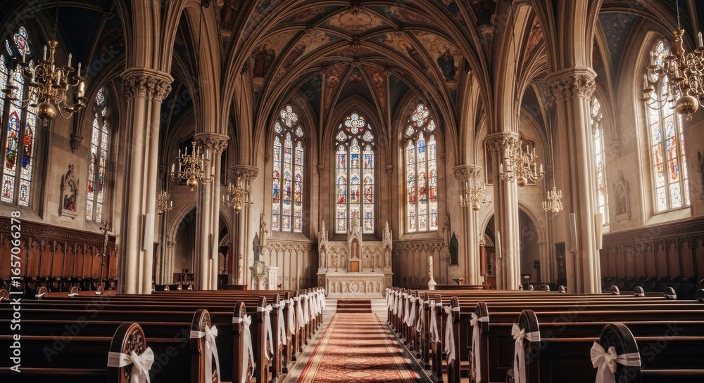 Fototapeta premium Gothic Church Interior with High Vaulted Ceilings and Stained Glass Windows