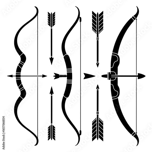 Set of Six Black and White Archery Icons: Bows and Arrows