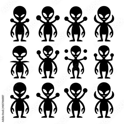 Twelve Silhouetted Alien Icons: Variations in Limb Count and Posture
