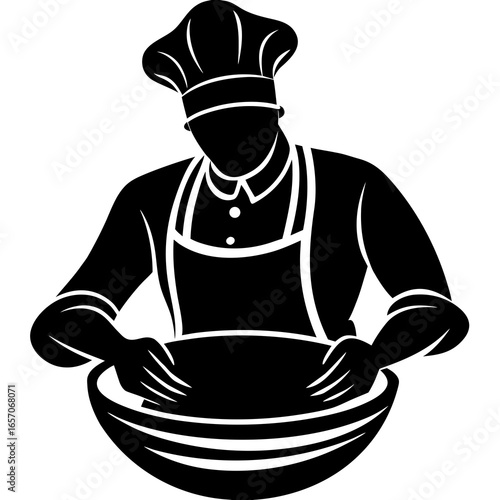 Baker kneading dough in bowl chef