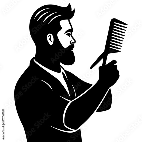 Bearded man combing hair with comb barber