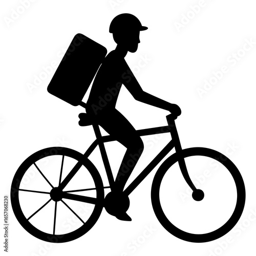 Black silhouette delivery cyclist with backpack bicycle