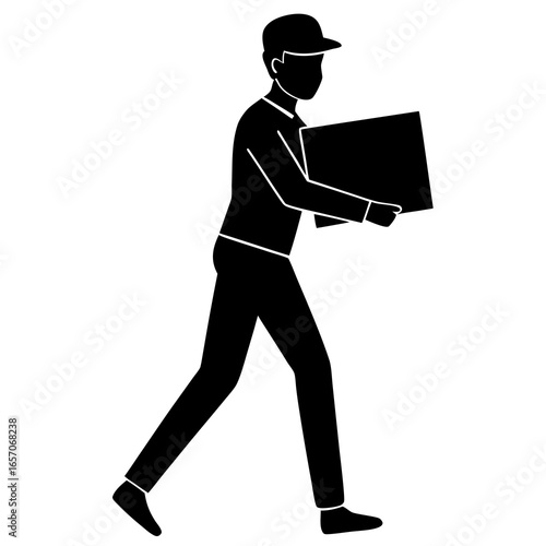 Black silhouette delivery person carrying box delivery driver