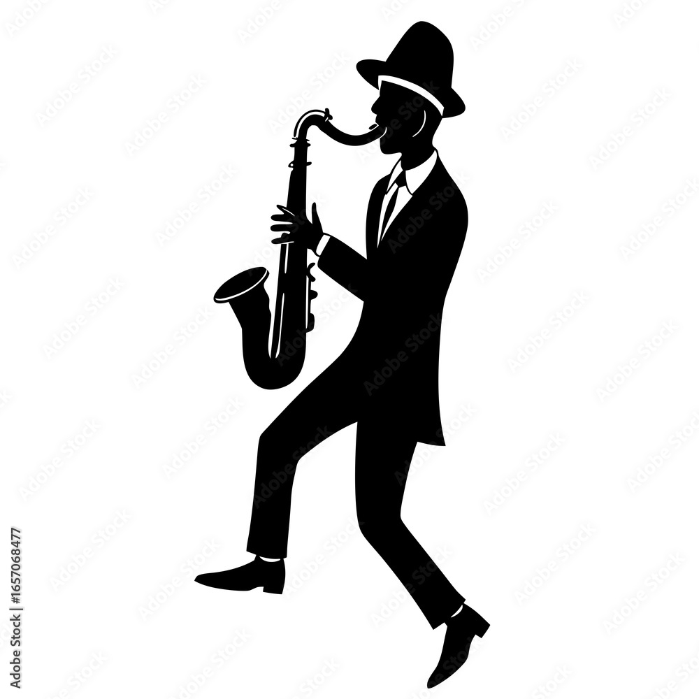 Naklejka premium Black silhouette musician playing saxophone vector