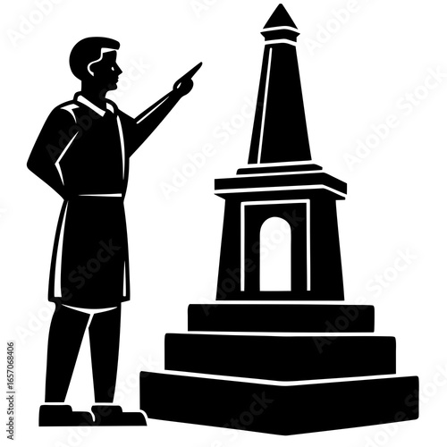 Black silhouette man pointing at monument obelisk