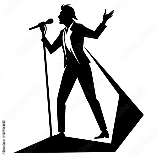 Black silhouette of a singer performing on stage microphone