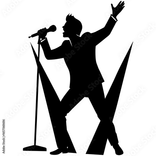 Black silhouette of a singer performing on stage microphone