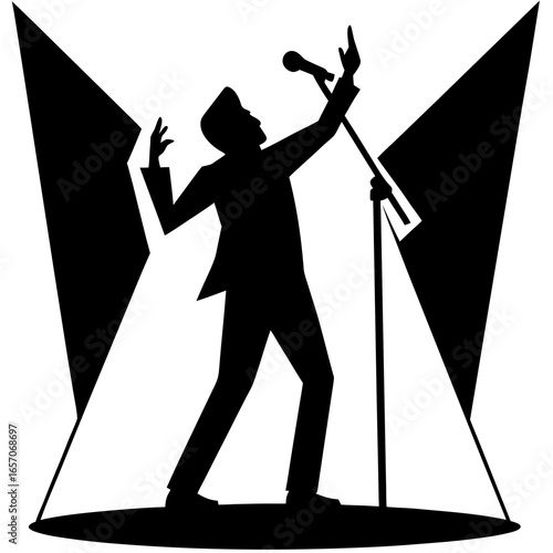 Black silhouette of a singer performing on stage microphone