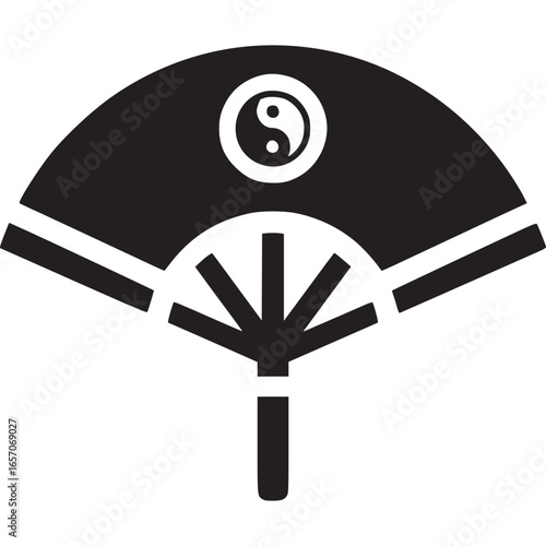 Silhouette of an asian fan with yin yang symbol isolated on white background, representing chinese and japanese culture and traditional design