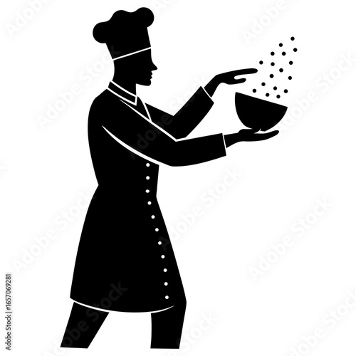 Chef sprinkling seasoning from bowl silhouette