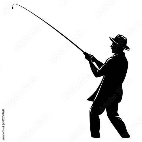 Fisherman casting rod silhouette fishing rod black and white