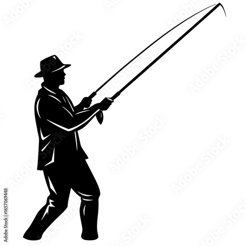 Fisherman casting rod with hat fishing rod silhouette
