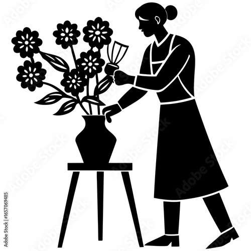 Florist arranging flowers in vase on stool vector