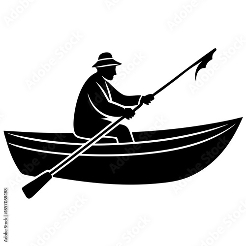 Fisherman rowing boat with oar watercraft