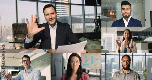 Mature Hispanic businessman, team leader hold on-line briefing for staff members shareholders or investors, provide information, consulting remotely engaged in video conference meeting, collage view