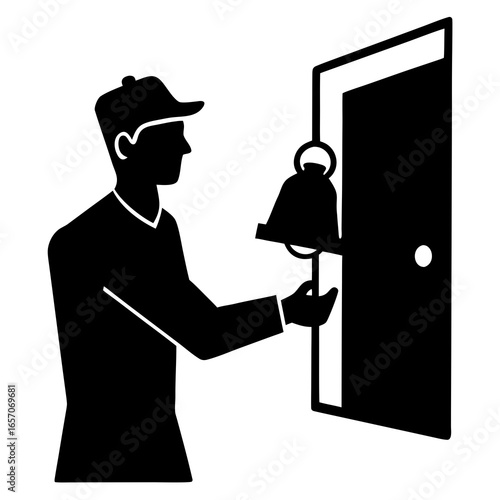 Person ringing doorbell at door silhouette black