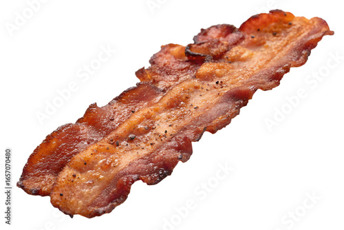 Isolated crispy bacon strip with pepper flakes on transparent background
