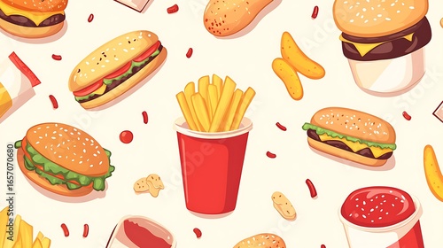 Seamless pattern of cartoon fast food items on a light photo background hamburger cheeseburger