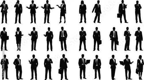 Business people silhouettes in various professional activities, vector illustration, corporate icons, office work poses, communication, teamwork, leadership, and productivity design