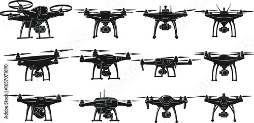 Drone silhouettes set in various designs and configurations, vector illustration, isolated aerial photography icons, quadcopter and UAV elements, technology and surveillance symbols