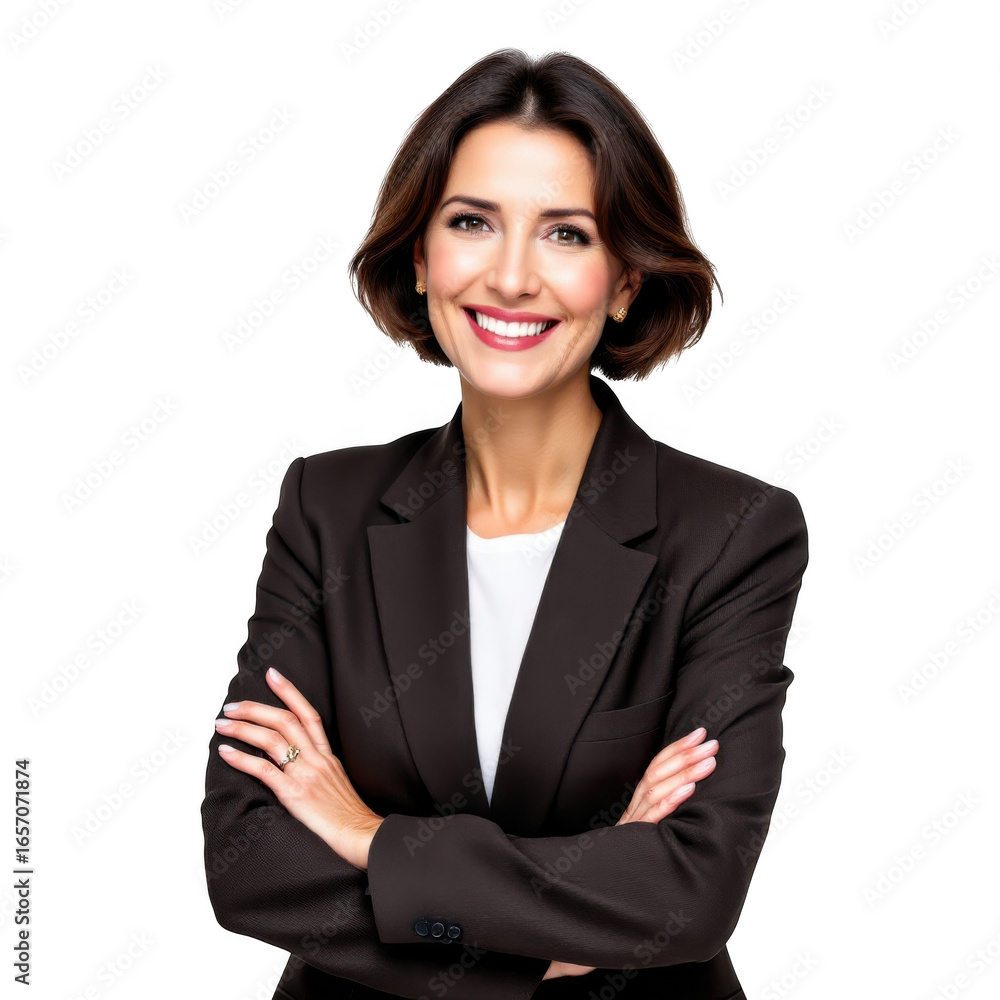 Professional businesswoman smiling confidently with arms crossed isolated on transparent background Professional businesswoman smiling confidently with arms crossed isolated on transparent background