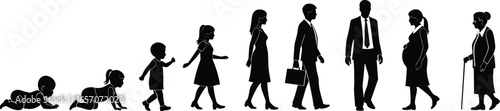 Human life stages silhouettes set from infancy to old age, vector illustration, isolated icons of growth, development, aging, and generational progression