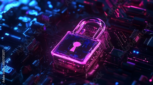 Glowing Padlock on a Circuit Board with Neon Blue and Pink Lights security technology photo
