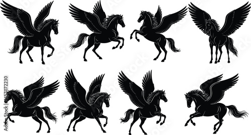Pegasus silhouettes set in various poses, flying and standing, vector illustration, isolated design, mythical winged horse icons, fantasy creature elements, legend symbols