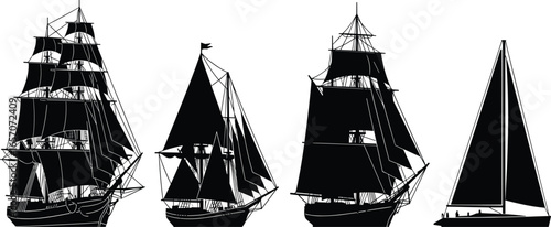 Set of sailing ship silhouettes, tall ships, schooner, sloop, various designs, nautical vessels, maritime transport, vector illustration, isolated black graphic, ocean travel icons