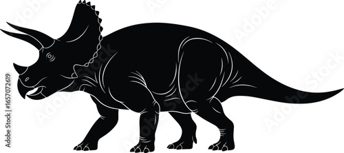 Black silhouette Triceratops dinosaur with three horns, large frill, prehistoric animal illustration, Jurassic wildlife, vector graphic, isolated design, ancient creature profile, fossil era