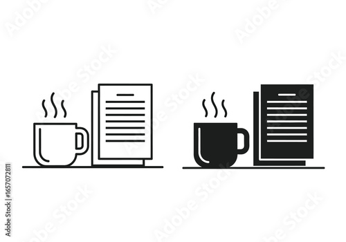 Coffee and paper icon for office, business, work, desk, table, drink, hot, caffeine, mug, break, morning, tea