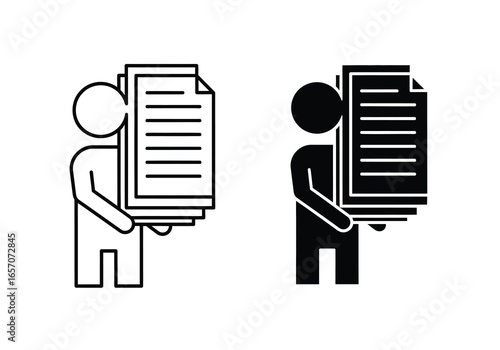 Illustration of a person carrying a stack of documents, representing workload, paperwork, and administrative tasks