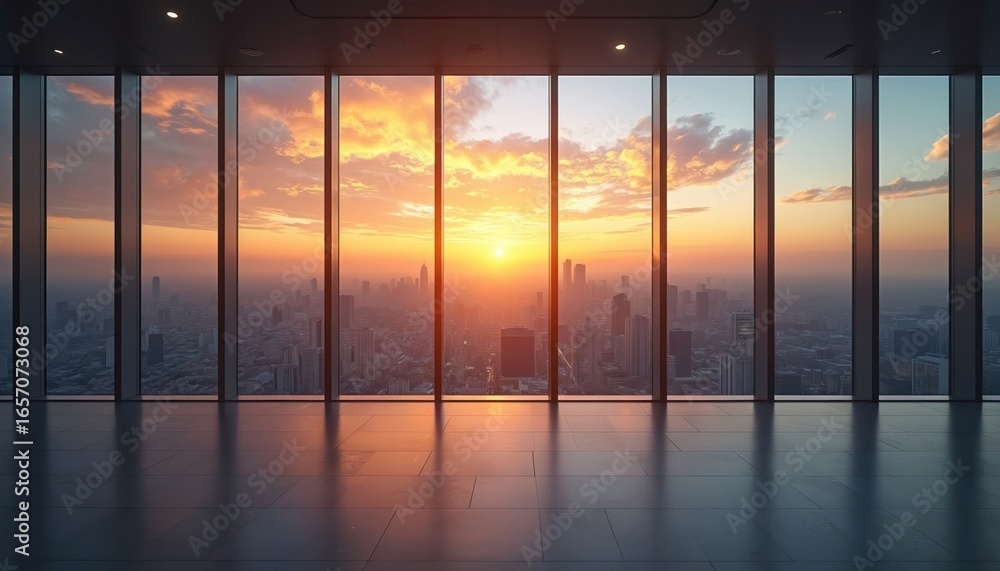 Fototapeta premium Modern building interior offers expansive city sunset view through floor to ceiling windows. Geometric lines, clean space, illuminated skyline, twilight glow from urban skyscrapers. Sunlight reflects